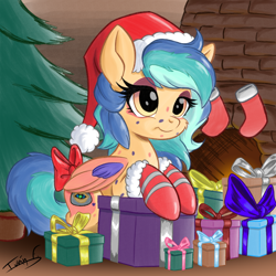 Size: 2500x2500 | Tagged: safe, artist:memprices, oc, oc only, oc:autumn dew, pony, art trade, chimney, christmas, christmas stocking, christmas tree, clothes, digital art, fireplace, hat, high res, holiday, pencil drawing, ponysona, present, santa hat, secret santa, socks, solo, tree