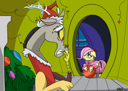 Size: 3460x2480 | Tagged: safe, artist:ostarbito, discord, fluttershy, draconequus, pegasus, pony, g4, chimney, christmas, christmas nightgowns, christmas ornament, christmas sleepwear, christmas tree, cindy lou who, clothes, colored background, costume, decoration, duo, female, filly, filly fluttershy, floppy ears, foal, frown, hat, high res, holiday, horns, how the grinch stole christmas, indoors, interior, male, nails, nightgown, pajamas, reference, sad, santa costume, santa hat, signature, snow, the grinch, tree, worried, younger