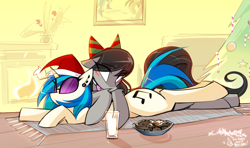 Size: 2500x1479 | Tagged: safe, artist:madragon, dj pon-3, octavia melody, vinyl scratch, earth pony, pony, unicorn, g4, bow, christmas, christmas tree, cookie, duo, ear piercing, earring, eye clipping through hair, eyebrows, eyebrows visible through hair, female, fireplace, food, hair bow, happy new year, hat, holiday, jewelry, lesbian, looking at someone, lying down, mare, milk, one ear down, piercing, raised hoof, relaxing, room, santa hat, ship:scratchtavia, shipping, tree