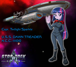 Size: 1000x875 | Tagged: safe, artist:captricosakara, twilight sparkle, equestria girls, g4, boots, captain, clothes, commission, crossover, female, humanized, intrepid class, live long and prosper, logo, science fiction, solo, space, spaceship, star trek, star trek online, starfleet, starship, uniform, video game crossover, vulcan salute