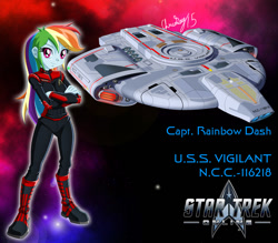 Size: 1000x875 | Tagged: safe, artist:captricosakara, rainbow dash, equestria girls, g4, boots, captain, clothes, commission, crossover, defiant, female, humanized, logo, science fiction, solo, space, spaceship, star trek, star trek online, starfleet, starship, uniform, video game crossover