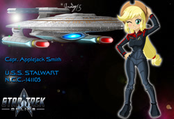 Size: 1280x875 | Tagged: safe, artist:captricosakara, applejack, equestria girls, g4, captain, clothes, commission, cowboy hat, crossover, female, hat, humanized, logo, nebula class, science fiction, solo, space, spaceship, star trek, star trek online, starfleet, starship, stetson, uniform, video game crossover