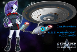 Size: 1280x875 | Tagged: safe, artist:captricosakara, rarity, equestria girls, g4, ambassador class, boots, captain, clothes, commission, crossover, female, humanized, lipstick, logo, science fiction, skirt, solo, space, spaceship, star trek, star trek online, starfleet, starship, uniform, video game crossover