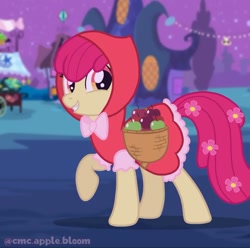 Size: 1080x1071 | Tagged: safe, apple bloom, earth pony, pony, g4, apple, apple basket, clothes, costume, dress, female, flower, flower in hair, food, grin, hood, little red riding hood, looking at you, mare, nightmare night, older, older apple bloom, raised hoof, smiling, solo, standing