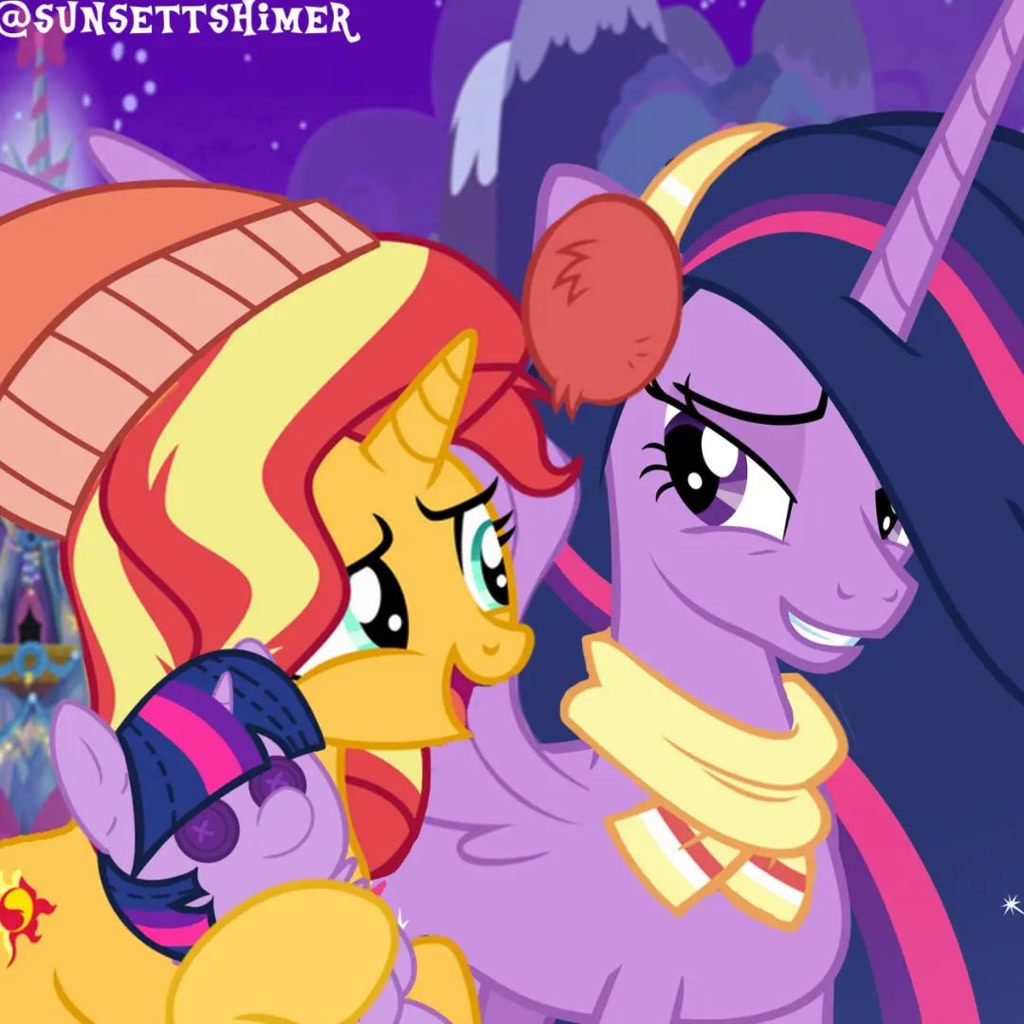 [alicorn,clothes,covering,duo,earmuffs,female,g4,hat,hearth's warming eve,long mane,mare,older,plushie,pony,safe,scarf,slender,twilight sparkle,unicorn,wings,height difference,twilight sparkle plushie,sunset shimmer,thin,one wing out,concave belly,older twilight,twilight's castle,lidded eyes,folded wings,wing covering,twilight sparkle (alicorn),the last problem,princess twilight 2.0,older twilight sparkle (alicorn),artist:sunsettshimer]