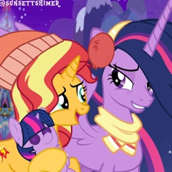 Size: 1080x1080 | Tagged: safe, sunset shimmer, twilight sparkle, alicorn, pony, unicorn, g4, the last problem, clothes, concave belly, covering, duo, earmuffs, female, folded wings, hat, hearth's warming eve, height difference, lidded eyes, long mane, mare, older, older twilight, older twilight sparkle (alicorn), one wing out, plushie, princess twilight 2.0, scarf, slender, thin, twilight sparkle (alicorn), twilight sparkle plushie, twilight's castle, wing covering, wings