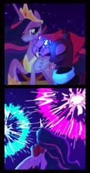 Size: 1200x2300 | Tagged: safe, tempest shadow, twilight sparkle, alicorn, pony, unicorn, g4, the last problem, duo, female, fireworks, glowing, glowing horn, happy new year, holiday, horn, hug, lesbian, older, older tempest shadow, older twilight, older twilight sparkle (alicorn), princess twilight 2.0, ship:tempestlight, shipping, twilight sparkle (alicorn), winghug, wings