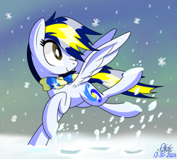 Size: 1569x1405 | Tagged: safe, artist:notadeliciouspotato, oc, oc only, oc:huracata, pegasus, pony, g4, clothes, female, mare, running, scarf, signature, smiling, snow, snowfall, snowflake, solo, spread wings, wings