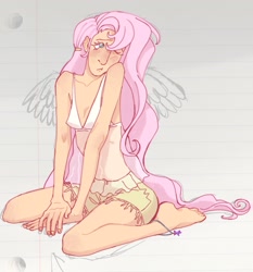 Size: 1909x2048 | Tagged: safe, artist:universalheart, fluttershy, human, g4, anklet, barefoot, clothes, feet, hair over one eye, hairpin, humanized, jewelry, kneeling, light skin, one eye closed, shorts, solo, tank top, winged humanization, wings