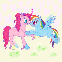 Size: 2048x2048 | Tagged: safe, artist:universalheart, pinkie pie, rainbow dash, earth pony, pegasus, pony, g4, blushing, boop, colored hooves, duo, ear tufts, female, flying, grass, heart, high res, lesbian, mismatched hooves, missing cutie mark, noseboop, ponytail, ship:pinkiedash, shipping, standing