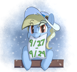 Size: 1069x1000 | Tagged: safe, artist:welost, oc, oc only, oc:fair flyer, pegasus, pony, mare fair, announcement, eye clipping through hair, eyebrows, eyebrows visible through hair, female, hat, looking at you, mouth hold, snow, snowfall, solo, teeth, winter