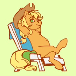 Size: 2048x2048 | Tagged: safe, artist:universalheart, applejack, earth pony, pony, g4, applejack's hat, belly button, chest fluff, chubby, cowboy hat, female, freckles, green background, hat, high res, looking at you, mare, simple background, sitting, smiling, smiling at you, solo