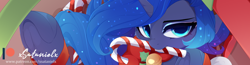 Size: 5000x1296 | Tagged: safe, artist:xsatanielx, princess luna, g4, advertisement, candy, candy cane, food, patreon, patreon logo, patreon preview, solo