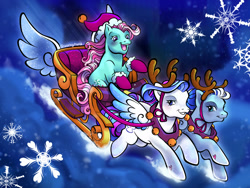 Size: 1280x960 | Tagged: safe, artist:sparkytopia, minty, silver glow, snow'el ii, earth pony, pegasus, pony, g3, antlers, christmas, closed mouth, clothes, colored wings, fake antlers, female, flying, gradient wings, grin, hat, holiday, hoof heart, jingle bells, looking at someone, mare, night, night sky, open mouth, open smile, reindeer antlers, santa hat, sky, sleigh, smiling, snow, snowflake, socks, sparkly wings, spread wings, trio, underhoof, wings, yoke