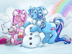 Size: 1280x960 | Tagged: safe, artist:sparkytopia, marshmellow coco (g3), mittens (g3), earth pony, pony, g3, bow, braid, bundled up for winter, clothes, cloud, duo, earmuffs, eyes closed, female, hat, mare, open mouth, open smile, rainbow, scarf, sky, smiling, snow, snowpony, socks, striped scarf, striped socks, tail, tail bow, winter, winter hat