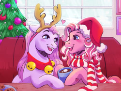Size: 1280x960 | Tagged: safe, artist:sparkytopia, snow'el, winter wish, earth pony, pony, g3, antlers, blushing, booth, chocolate, christmas, christmas tree, clothes, cookie, duo, fake antlers, female, food, hat, heart, holiday, hoof heart, hot chocolate, jingle bells, lesbian, looking at each other, looking at someone, mare, mug, open mouth, open smile, ornament, ornaments, reindeer antlers, santa hat, scarf, ship:winter'el, shipping, smiling, striped scarf, tree, underhoof, window