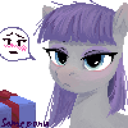 [blushing,bust,earth pony,female,g4,mare,pixel art,pony,present,safe,simple background,speech bubble,white background,maud pie,artist:some_ponu]