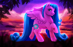 Size: 1280x828 | Tagged: safe, artist:sparkytopia, island delight, pegasus, pony, g3, 3d cutie mark, beach, beautiful, color porn, female, grin, heart, heart eyes, hoof heart, leaf, long mane, long tail, mare, ocean, raised hoof, sky, smiling, solo, spread wings, sunset, tail, underhoof, water, wingding eyes, wings