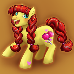 Size: 1280x1280 | Tagged: safe, artist:sparkytopia, candy apple (g3), earth pony, pony, g3, bangs, blushing, braid, braided tail, female, hoof heart, mare, open mouth, open smile, orange background, simple background, smiling, solo, starry eyes, tail, underhoof, wingding eyes