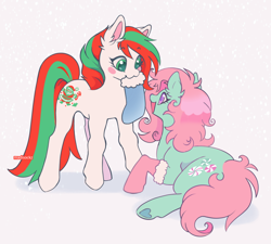 Size: 1280x1150 | Tagged: safe, merry treat, minty, earth pony, pony, g1, g3, :3, blush sticker, blushing, christmas, christmas stocking, clothes, duo, duo female, ear fluff, female, holiday, looking at each other, looking at someone, lying down, mare, mouth hold, open mouth, open smile, prone, simple background, smiling, socks, standing, underhoof, white background