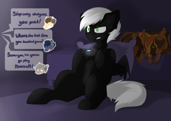 Size: 3510x2480 | Tagged: safe, artist:malurs, oc, oc:shadow flare, pegasus, timber wolf, bed, blind eye, commission, controller, dialogue, headphones, high res, male, pet, pillow, sweat, sweatdrop, video game, ych result