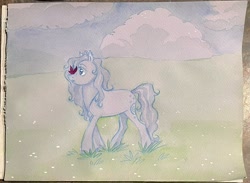 Size: 2048x1502 | Tagged: safe, artist:universalheart, oc, oc only, oc:pearly, butterfly, earth pony, pony, butterfly on nose, earth pony oc, insect on nose, solo, traditional art, watercolor painting