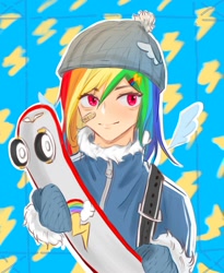 Size: 1640x2000 | Tagged: safe, artist:bianhuabaohuxiehuihuizhang, part of a set, rainbow dash, human, g4, bandaid, clothes, floating wings, hat, humanized, jacket, light skin, mittens, skateboard, solo, winged humanization, wings