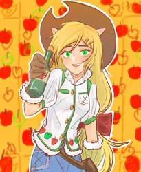 Size: 1640x2000 | Tagged: safe, artist:bianhuabaohuxiehuihuizhang, part of a set, applejack, human, g4, bottle, cider, female, humanized, light skin, looking at you, patterned background, smiling, smiling at you, solo