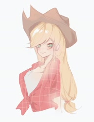 Size: 1480x1920 | Tagged: safe, artist:wanwan2007, applejack, human, g4, clothes, female, humanized, light skin, looking at you, plaid shirt, shirt, simple background, white background