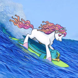 Size: 2048x2048 | Tagged: safe, artist:universalheart, gallus, oc, oc:summerfree apple, earth pony, griffon, pony, g4, canon x oc, duo, high res, ocean, surfing, water