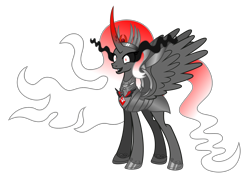 Size: 2477x1831 | Tagged: safe, anonymous artist, rabia, alicorn, pony, umbrum, g4, alicorn amulet, armor, concave belly, crown, empress, ethereal mane, ethereal tail, evil, evil smile, eyebrows, eyelashes, eyes open, fangs, female, grin, high res, hoof shoes, horn, jewelry, long legs, long mane, long tail, mare, open mouth, regalia, simple background, slender, slit pupils, smiling, solo, spread wings, standing, tail, tall, teeth, thin, transparent background, wings, xk-class end-of-the-world scenario