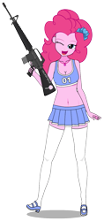 Size: 639x1351 | Tagged: safe, artist:edy_january, edit, vector edit, pinkie pie, human, equestria girls, g4, my little pony equestria girls: better together, assault rifle, belly button, cheerleader, clothes, geode of sugar bombs, gun, humanized, kisekae, lollipop chainsaw, lollipop rifle, m16, magical geodes, microskirt, midriff, miniskirt, parody, reference, rifle, shirt, shoes, simple background, skirt, solo, stockings, thigh highs, thigh socks, transparent background, trigger discipline, vector, vulgar description, weapon