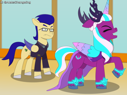Size: 4200x3150 | Tagged: safe, artist:alejandrogmj, artist:wasisi, opaline arcana, oc, oc:chicken claws, alicorn, pegasus, pony, g5, clothes, crown, disguise, disguised changeling, evil laugh, glasses, jewelry, laughing, regalia, tell your tale accurate, zephyr heights