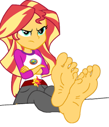 Size: 720x840 | Tagged: safe, artist:declucivemario2842, sunset shimmer, human, equestria girls, g4, angry, barefoot, camp everfree outfits, clothes, crossed arms, feet, feet on table, feet up, female, fetish, foot fetish, foot focus, soles, solo, toes