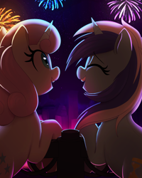 Size: 3200x4000 | Tagged: safe, artist:thebatfang, minuette, twinkleshine, pony, unicorn, g4, backlighting, city, cityscape, cute, duo, eyes closed, female, fireworks, high res, mare, night, open mouth, open smile, smiling, stars