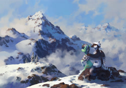 Size: 2148x1500 | Tagged: safe, artist:koviry, oc, oc only, griffon, pony, unicorn, duo, griffon oc, horn, hug, mountain, scenery, scenery porn, unicorn oc, winghug, wings