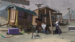 Size: 3840x2160 | Tagged: safe, artist:dddromm, oc, oc only, oc:calamity, oc:littlepip, oc:velvet remedy, pegasus, pony, unicorn, fallout equestria, high res, horn, pegasus oc, power line, trixie's wagon, unicorn oc, wagon