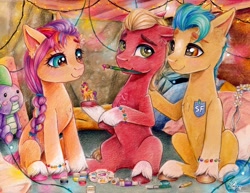 Size: 3300x2550 | Tagged: safe, artist:lailyren, hitch trailblazer, spike, sprout cloverleaf, sunny starscout, earth pony, pony, g5, bracelet, christmas, christmas lights, cute, female, figurine, friendship bracelet, high res, hitchbetes, holiday, jewelry, male, mane stripe sunny, mare, paintbrush, plushie, spike plushie, sproutbetes, stallion, sunnybetes, traditional art, trio, unshorn fetlocks