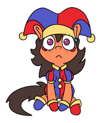 Size: 411x498 | Tagged: source needed, safe, artist:mildedmir, oc, oc only, oc:robertapuddin, earth pony, pony, :<, chibi, crossover, dead inside, hat, jester, jester hat, jester outfit, pomni, simple background, solo, the amazing digital circus, transparent background