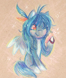 Size: 1341x1573 | Tagged: safe, artist:equmoria, oc, oc only, pegasus, pony, blushing, colored pencil drawing, feather, solo, sparkles, traditional art