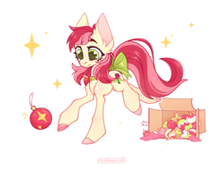 Size: 2900x2200 | Tagged: safe, artist:ne imeet smysla, roseluck, pony, g4, behaving like a cat, bow, christmas ornament, collar, commission, commissioner:doom9454, cute, decoration, high res, pet tag, pony pet, rosepet, tail, tail bow