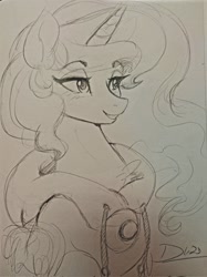 Size: 1534x2048 | Tagged: safe, artist:thelunarmoon, princess luna, alicorn, pony, g4, bust, clothes, eyebrows, eyebrows visible through hair, female, grayscale, hoodie, lidded eyes, mare, monochrome, pencil drawing, smiling, solo, traditional art