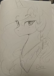 Size: 1450x2048 | Tagged: safe, artist:thelunarmoon, princess celestia, alicorn, pony, g4, bust, eyebrows, eyebrows visible through hair, female, grayscale, looking at you, mare, monochrome, pencil drawing, solo, traditional art