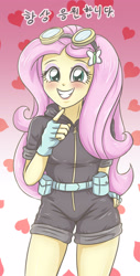 Size: 1893x3741 | Tagged: safe, artist:sumin6301, fluttershy, butterfly, human, equestria girls, g4, abstract background, aviator goggles, belt, blushing, clothes, costume, dangerous mission outfit, eyeshadow, female, fingerless gloves, gloves, goggles, goggles on head, gradient background, hairclip, hoodie, korean, legs, looking at you, makeup, pouch, smiling, smiling at you, solo, thighs, translated in the comments, utility belt, zipper