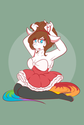 Size: 1365x2048 | Tagged: safe, artist:mscolorsplash, oc, oc only, oc:color splash, pegasus, anthro, plantigrade anthro, armpits, arms in the air, bow, breasts, cleavage, clothes, dress, female, floppy ears, green background, high heels, looking up, mare, no pupils, shoes, simple background, sitting, solo, stockings, thigh highs, tongue out, updo