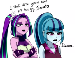 Size: 2000x1548 | Tagged: safe, artist:nekojackun, aria blaze, sonata dusk, human, equestria girls, g4, bangs, bare shoulders, bell, bell collar, breasts, cleavage, clothes, collar, dialogue, duo, eyebrows, eyebrows visible through hair, eyeshadow, female, fingerless gloves, gloves, i think we're gonna have to kill this guy, lidded eyes, lip gloss, makeup, meme, open mouth, pigtails, ponytail, shirt, simple background, sleeveless, twintails, white background, zipper