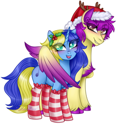 Size: 2146x2271 | Tagged: safe, artist:nekomellow, oc, oc only, oc:blue water, oc:purple wingshade, deer, deer pony, hybrid, original species, pegasus, pony, unicorn, antlers, chest fluff, christmas, clothes, cloven hooves, colored wings, female, folded wings, high res, holiday, hoof fluff, male, mare, multicolored hair, multicolored wings, simple background, socks, stallion, striped socks, transparent background, wings