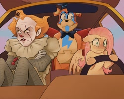 Size: 4096x3277 | Tagged: safe, artist:atiredbun, fluttershy, pegasus, pony, g4, a goofy movie, animatronic, car, car interior, crossed arms, crossover, driving, female, five nights at freddy's, five nights at freddy's: security breach, floppy ears, freddy fazbear, glamrock freddy, goofy movie meme, human shoulders, it, male, mare, meme, nervous sweat, pennywise, sweat, sweatdrops, trio