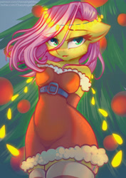 Size: 3508x4961 | Tagged: safe, artist:chaosangeldesu, fluttershy, pegasus, anthro, g4, belt, christmas, christmas lights, christmas tree, clothes, commission, cute, dress, female, holiday, socks, solo, tree, ych result