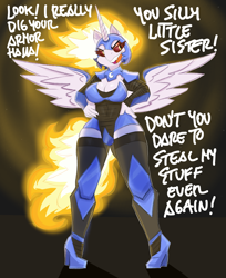 Size: 2600x3193 | Tagged: safe, artist:flutterthrash, daybreaker, princess celestia, alicorn, anthro, plantigrade anthro, g4, armor, breasts, busty daybreaker, busty princess celestia, cleavage, clothes, clothes swap, dialogue, eyeshadow, fangs, high heels, high res, horn, implied nightmare moon, lidded eyes, makeup, nightmare moon armor, open mouth, shoes, wings